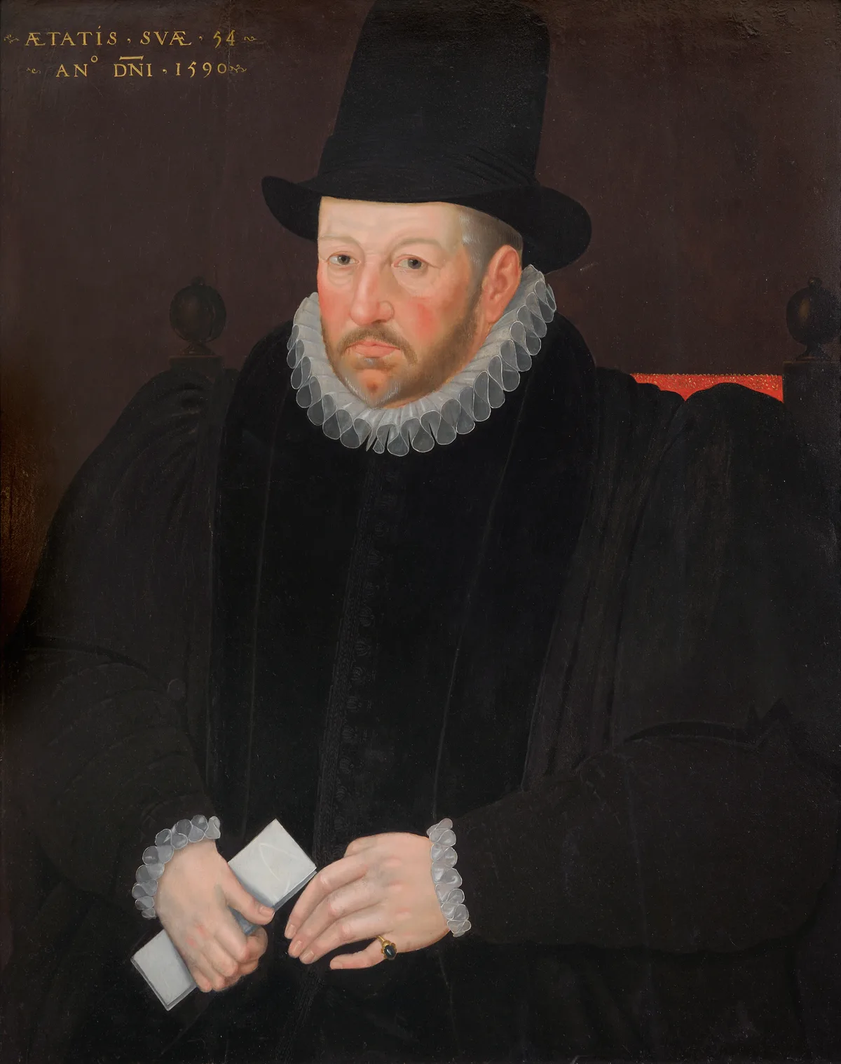 A painted portrait of a bearded Elizabethan man in a dark gown and white ruff, his hand resting at his waist.